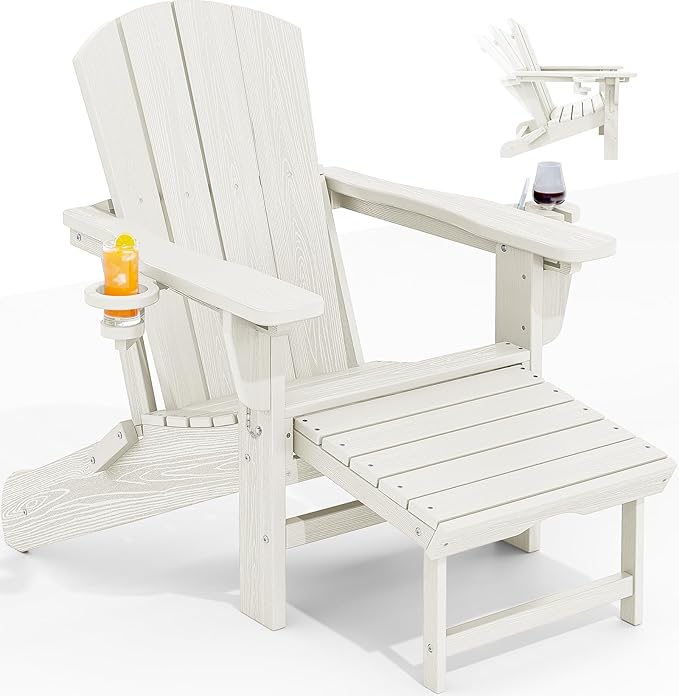 Folding Adjustable Adirondack Chair with Retractable Ottoman, White