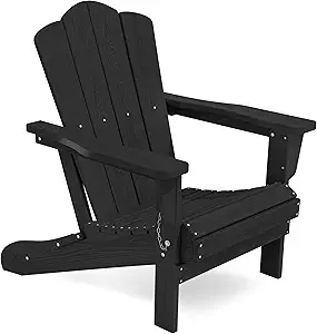 KINGYES Folding Adirondack Chair, HDPE All-Weather Patio Chairs, Wooden Textured Lawn Chair for Poolside, Backyard, Deck, Fire Pit, Black
