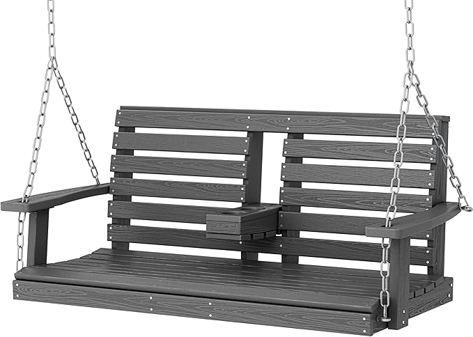 Outdoor Hanging Porch Swing, 2 Seat Patio Chair With Cup Holders, Waterproof Bench for Courtyard & Garden, 660LBS Weight Capacity, Gray